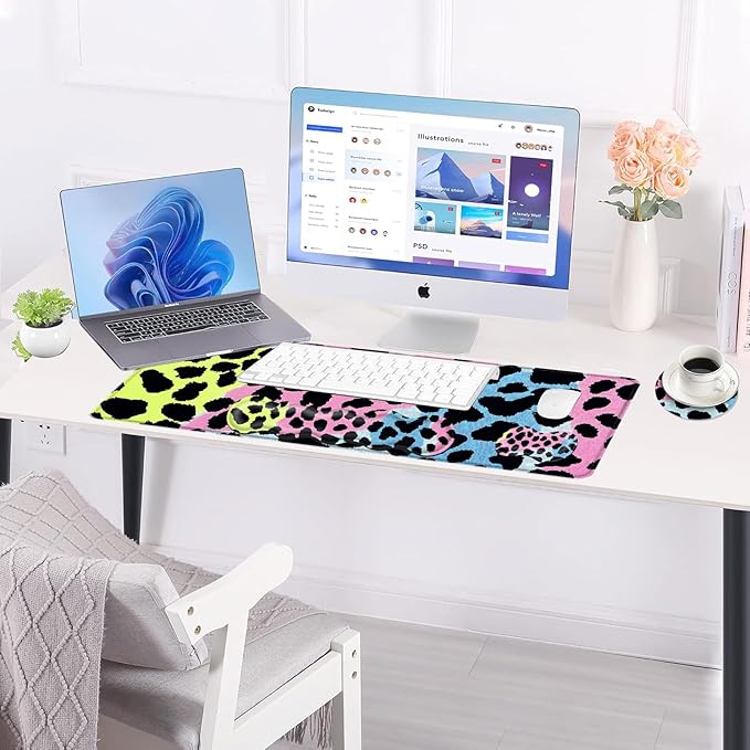 Large Keyboard Mouse Pad Set Extended Mouse Pad+Keyboard Wrist Rest Support Memory Foam Ergonomic Easy Typing 4Pcs (31.5×11.8 in) Desk Pad Set for Office HomeLeopard Print