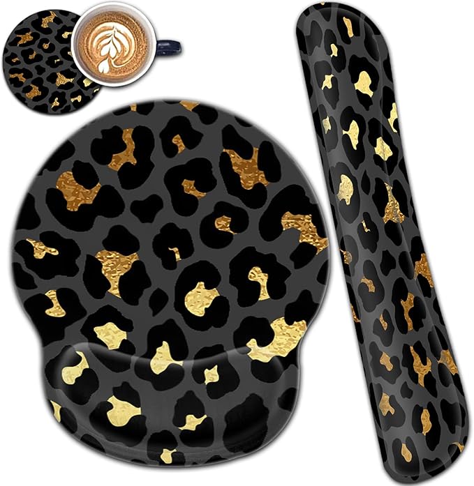 Ergonomic Mouse Pad Gel Wrist Support and Memory Foam Keyboard Wrist Rest Set for Gaming Computer Office Laptop Easy Typing Wireless Mouse Mat Funy Gold &amp Black Leopard Print Office Desk Pad