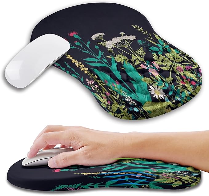 Ergonomic Mouse Pad Wrist Support with Memory Foam Massage Bulge Carpal Tunnel Pain Relief Mousepad Wrist Rest for Mouse(12x8 inch Midnight Floral)