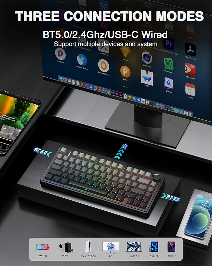 AULA F75 Pro Wireless Mechanical Keyboard75% Hot Swappable Custom Keyboard with KnobRGB BacklitPre-lubed Reaper SwitchesSide Printed PBT Keycaps2.4GHz/USB-C/BT5.0 Mechanical Gaming Keyboards