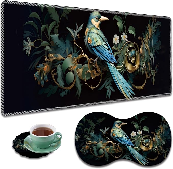 Large Gaming Mouse Pad + Mouse Wrist Rest Pad + Coaster Combination 31.5 x 11.8 Durable Non-Slip Extension Table Mat Suitable for Office and Home Bird Leaf