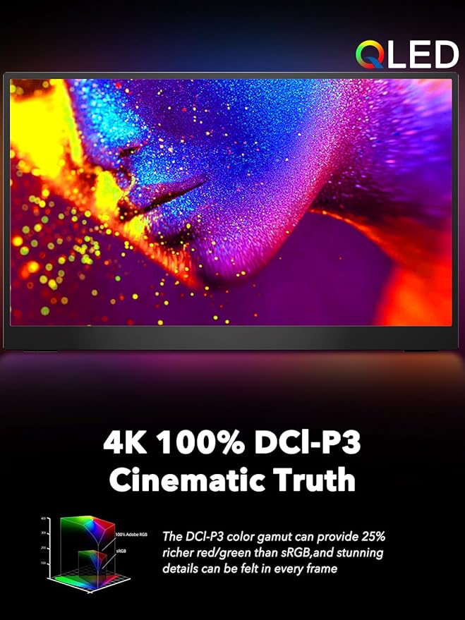 UPERFECT 17.3'' 4K Portable Monitor QLED 500 Nits 100% DCI-P3 UHD FreeSync HDR 2 Speakers Eye Care Travel Monitor 2 Fully Functional Type-C Port &amp HDMI for Laptop PC Phone VESA &amp Stand