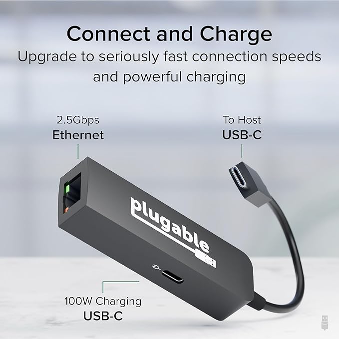 Plugable USB C to Ethernet Adapter 2.5Gb with 100W USB-C PD Charging 2.5 Gigabit Type C USB Ethernet Adapter for Windows MacBook Chrome iPad Surface XPS Thunderbolt 4 USB4 (USBC-E2500PD)