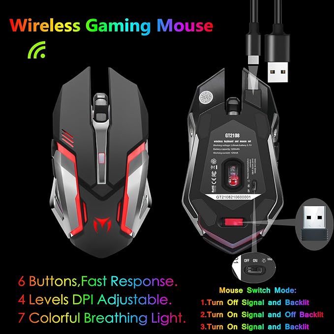 Wireless RGB Gaming Keyboard and Mouse - Rechargeable BacklitLong Battery LifeMetal Panel Mechanical Feel with Palm Rest7 Color Gaming Mouse and Mouse Pad for Game and Work