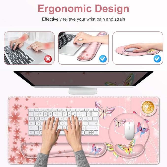Peach Pink Butterflies Florals Mouse Pad XXL Large Desk Mat Extended Reading Desk pad 4 PCS Non-Slip Rubber Base Computer Big Mousepads for Work Game Office Home Decor Cute Girls Woemn Gifts