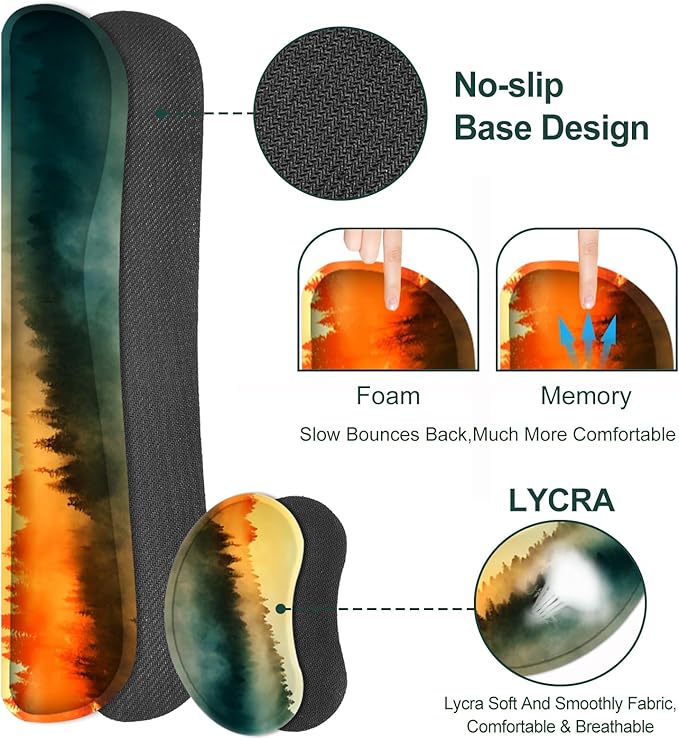 Keyboard Mouse Pad Set Extended Gaming Mouse Pad +Keyboard Wrist Support +Mouse Wrist Rest +Coaster 35.4x15.7 in XXL Large Ergonomic Desk Mat 4in1 Set for Home Office Sunset Misty Forest