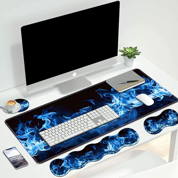 4 in 1 Ergonomic Keyboard Wrist Rest &amp Mouse Pad Wrist Rest Set Large XXL Gaming Desk Mat 31.5x 11.8 with Non-Slip Base Memory Foam for Home Office Study Gaming Blue Flame