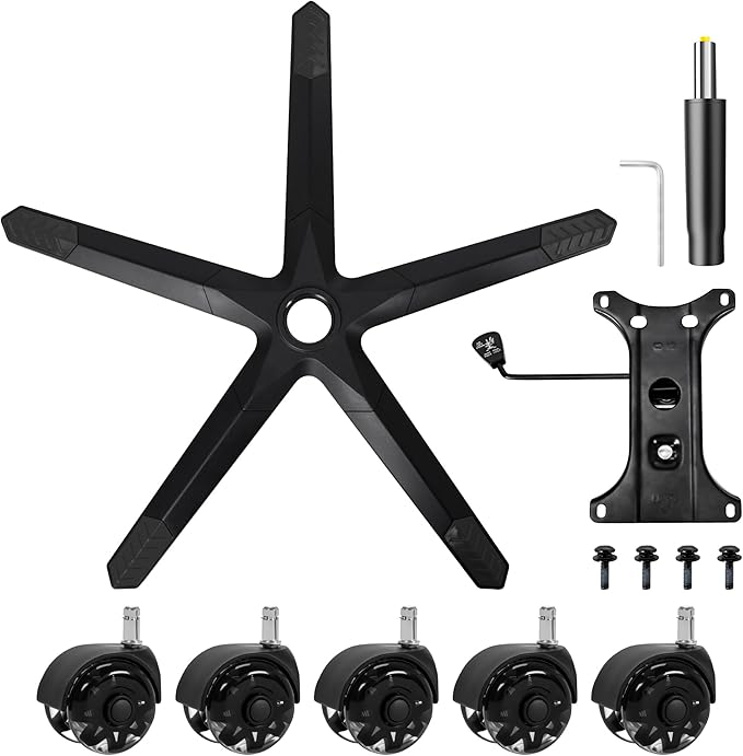 Frassie Nylon Gaming Chair Base Replacement Set with Bottom Plate Mechanism Gas Cylinder 5 Dual Rubber Wheels