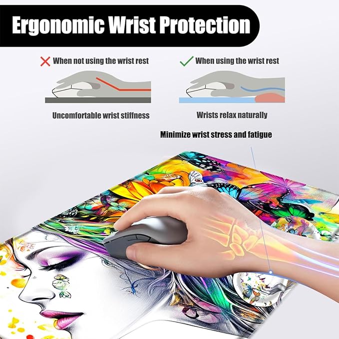 Mouse PadLarge Desk Mat Set 4in1 XL Mousepad + Keyboard Wrist Rest+Mouse Wrist Rest+Coaster with Ergonomic Desk Pad for Home Office Table Computer Cover -Woman with Floral Hair