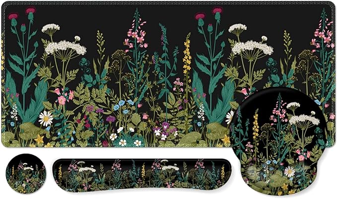 iCasso Large Mouse Pad Mouse Pad Wrist Support Set4in1 XXL Large Mousepad + Keyboard Wrist Rest+Mouse Wrist Rest+Coaster Set with Ergonomic Design for Home Office Table Computer-Weeds