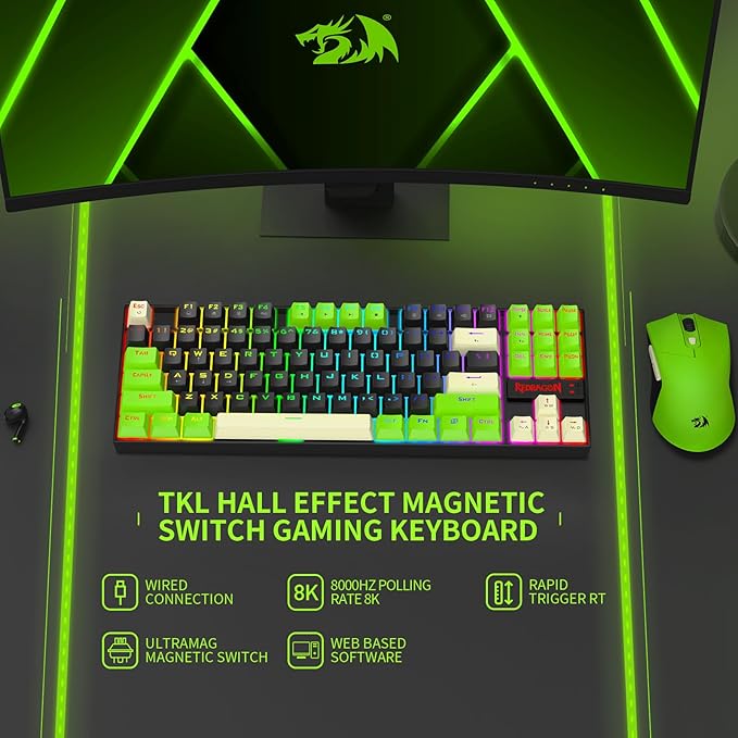Redragon K552BGC-M TKL 80% Gaming Keyboard Magnetic Linear Switches 8000Hz Polling Rate 14 RGB Backlight Modes Hot-Swappable Keys Compact Wired Mechanical Keyboard for PC Gamers