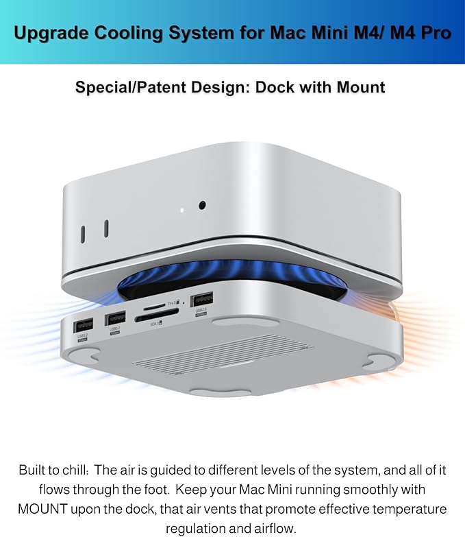 Mac mini M4 Dock Aluminum Stand and Hub for Mac mini M4 and M4 Pro 2024 with M.2 NVMe SSD Enclosure 2X USB-A 10Gbps SD/TF Card Readers USB 2.0 Data (MC60)