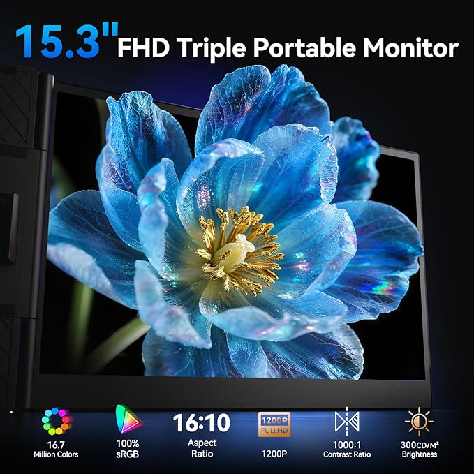 15.3 Laptop Screen Extender 1200P FHD Ultra-Thin Triple Screen Laptop Monitor Extender 100%sRGB Travel Portable Monitor for Laptops Multi Screens Laptops Attachment Compatible with Windowss Mac