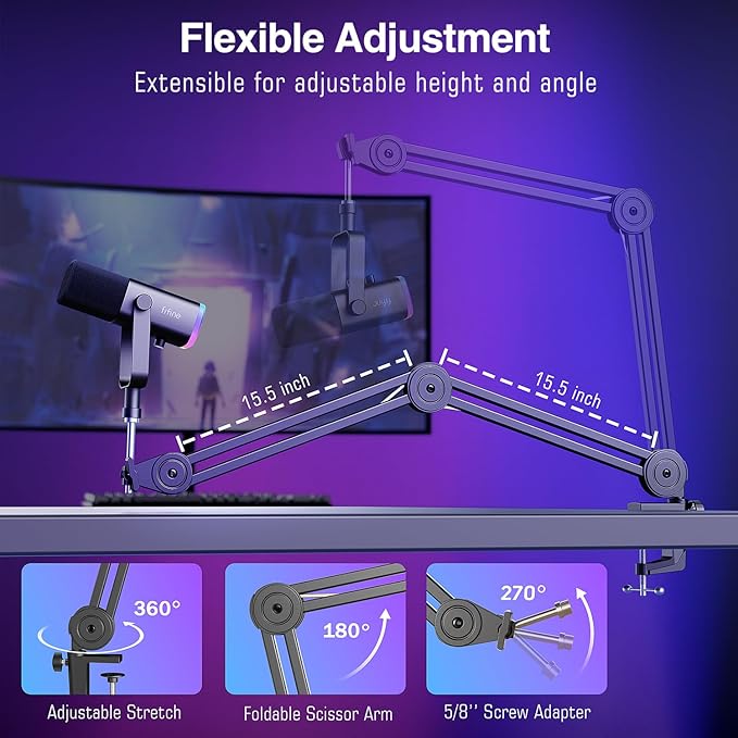 FIFINE XLR/USB Microphone and Heavy Duty Boom Arm Kit PC Computer Gaming Streaming Mic with RGB Light Mute Button Headphones Jack Microphone Arm Stand Bundle for Podcast Recording (AM8+BM63)