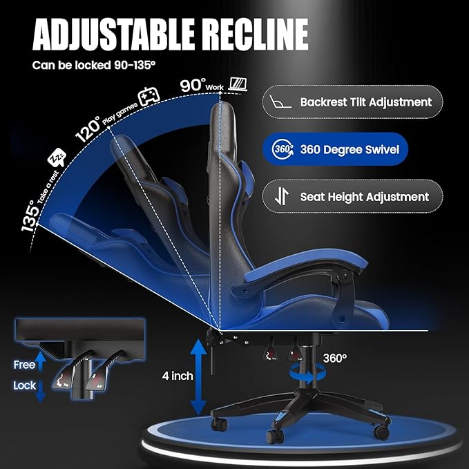 Bigzzia Gaming Chair Computer Game Chair with Lumbar Support Comfortable Video Game Chairs for Adults Kids Racing Style Gamer Chair with 360°-Swivel Seat and Headrest（Blue）