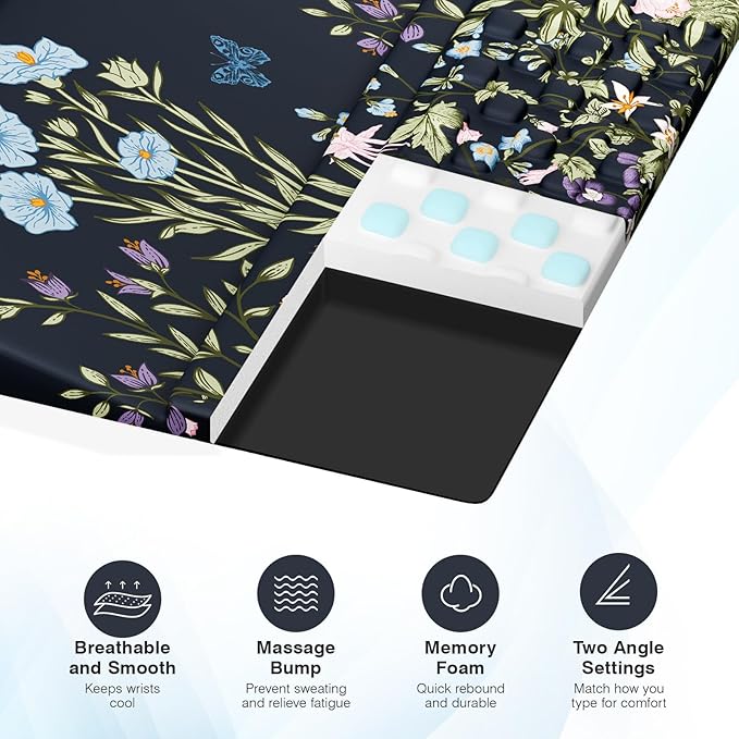 Ospelelf Ergonomic Mouse Pad and Keyboard Stand Wrist Rest Set Memory Foam Comfort Pain Relief for Typing Office Desk Accessories Moonlit Blossoms