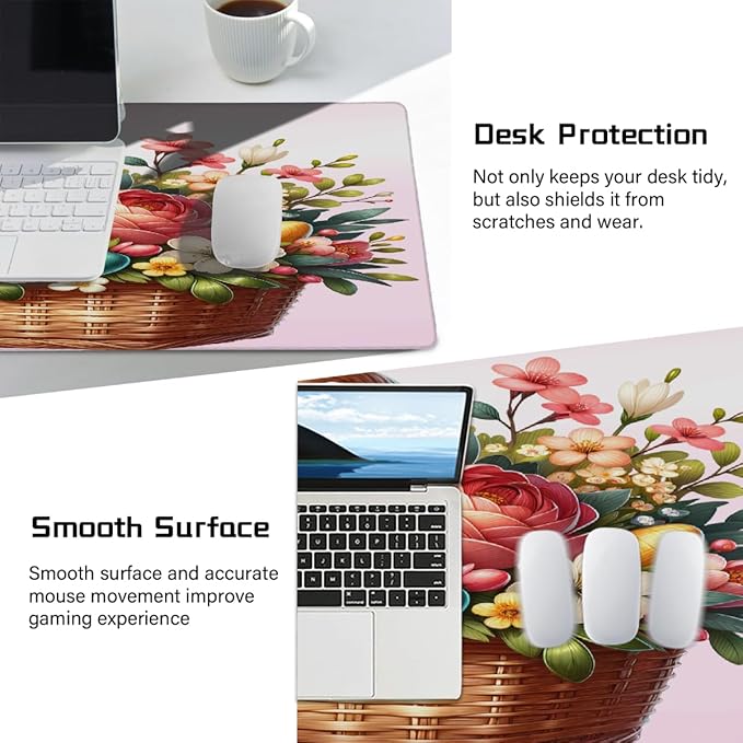 Pink White Flower Floral Large Mouse Pad Gaming Mousepad Desk Mat for Desktop Computer Keyboard Waterproof Mouse Mat Desk Pad with Non-Slip Base for Game School Office Home 35.4 x 15.7