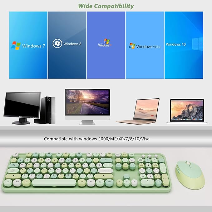 Green Wireless Keyboard and Mouse KOOTOP Cute Green Colorful Keyboard and Mouse 2.4G Wireless Keyboard with Retro Round Keycap for PC Mac LaptopTabletComputer Windows (Green)