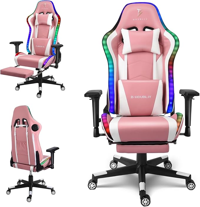 XOOFMASS Gaming Chair with Speakers Full Massage Pro Game Chair with LED Light Ergonomic Computer Chair with Lumbar Support and Retractible Footrest High Back Office Chair for Adult TeensPink