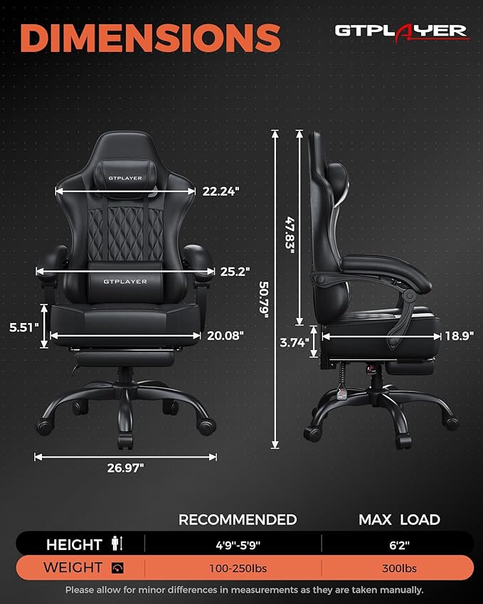 GTPLAYER Big and Tall Gaming Chair with Footrest Ergonomic Office Desk Chair with 4.4in Thick Cushion and Wide Wingless Seat Comfortable Leather Computer Chair Predator Series Satin Black