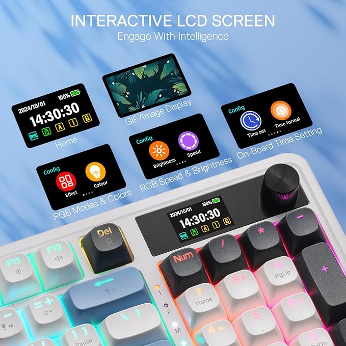 Redragon K719 Wireless Gasket Gaming Keyboard w/Hype Screen &amp Knob 95 Keys Mechanical Keyboard Easy-Control 1.14’’ TFT Info Display 5-Layer Noise Dampener Round PBT Keycaps Mint Mambo Switch
