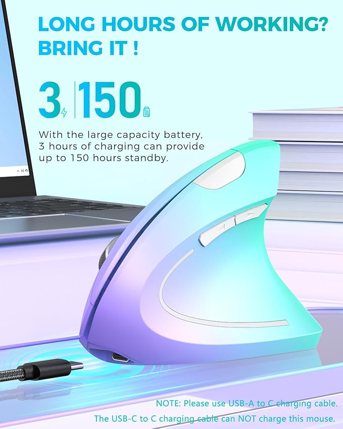 Lekvey Ergonomic Mouse Vertical Wireless Mouse Rechargeable 2.4G Optical Carpal Tunnel Mice: 800/1200 / 1600 DPI 6 Buttons for Laptop PC Mac Computer Desktop Notebook etc Green Purple