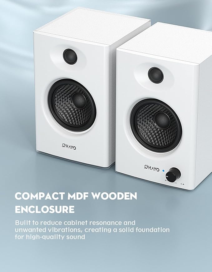 OHAYO 60W Computer Speakers for Gaming and Music Active Bluetooth 5.3 Stereo 2.0 Speakers for Desktop PC Monitor or Laptop Surround Sound Speaker 3.5 mm Aux RCA Input USB-Powered 1 Pair White