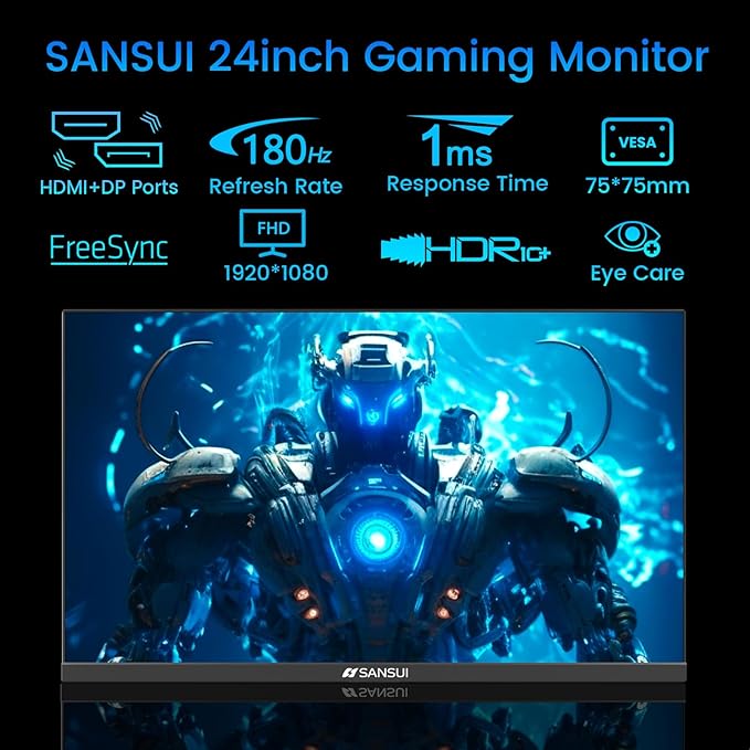 SANSUI 24 Inch Gaming Monitor 180Hz DP 1.4 &amp HDMI 2.0 Ports High Refresh Rate Computer Monitor Racing FPS RTS Modes 1ms Response Time 110% sRGB (ES-G24F4 HDMI Cable Included)