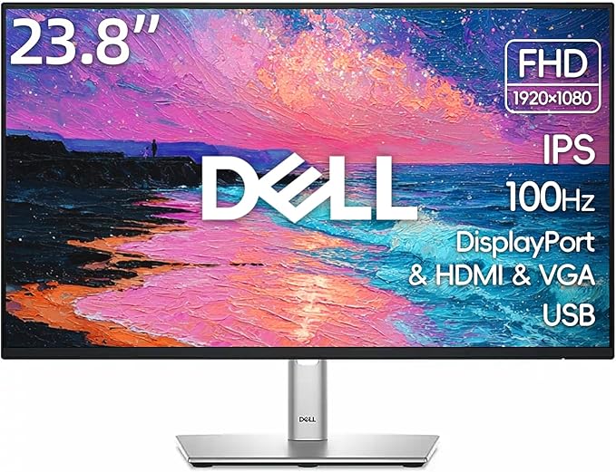 Dell P2425H 24 FHD Monitor 100Hz 1500:1 Contrast Ratio AMD FreeSync 99% sRGB HDMI USB-A VGA DisplayPort VESA Height Tilt Swivel Pivot Silver