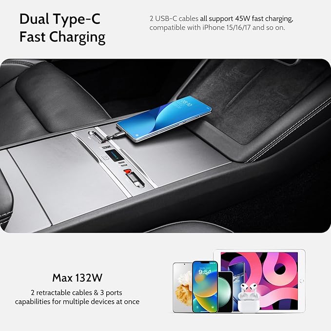 Max 132W Dual Type-C USB Hub Tesla New Model 3 Highland (2025/2024) Accessories 5 in 1 Fast Charger for iPhone 16/15 Series 2-Retractable Cable &amp 3-Port Docking Station