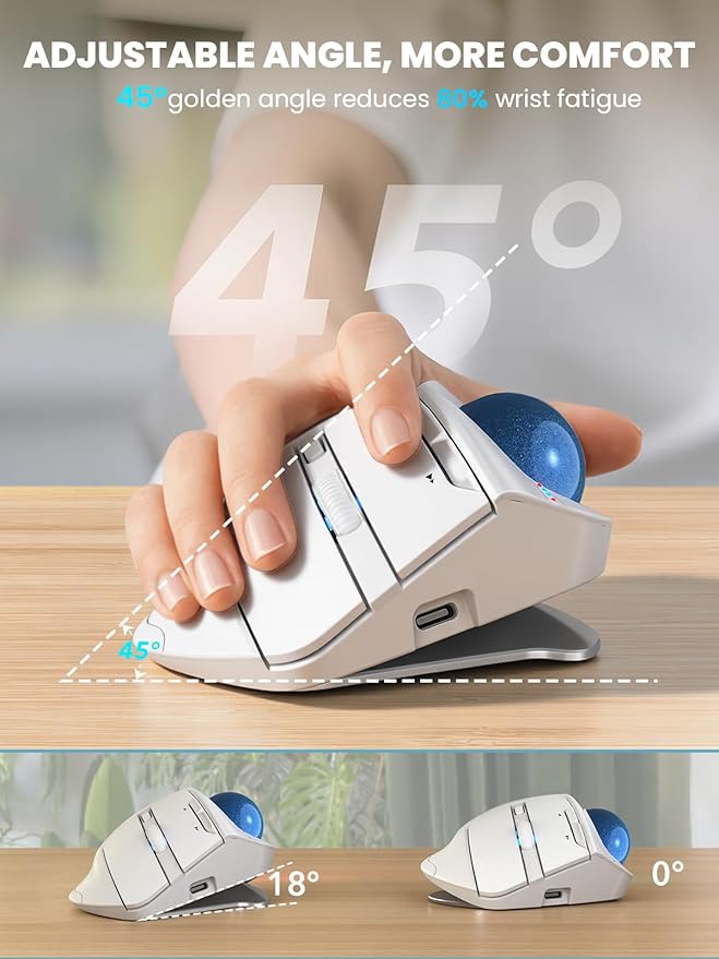 MAM1 Pro Wireless Trackball Mouse Ergonomic Bluetooth Rechargeable Computer Mouse Backlit Rollerball Thumb mice with 5 Level DPI Adjustable Angle 3 Devices Connection for PC Windows - White Mouse