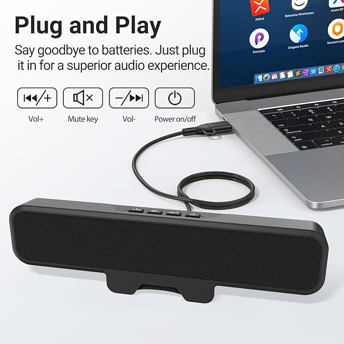 Inwa Computer Speakers for Desktop PC USB Monitor Speakers with Clip Wired Computer Sound Bar for Laptop with Loud Sound &amp Bass Easily Clamps to Monitors (USB-C to USBAdapter Included)