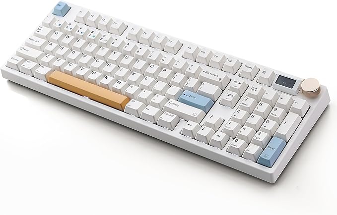 NJ98 Wireless Custom Mechanical Keyboard with Screen Knob 96% Hot Swappable RGB Keyboard Mac Windows (White Brass Plate-Box Deep Sea)