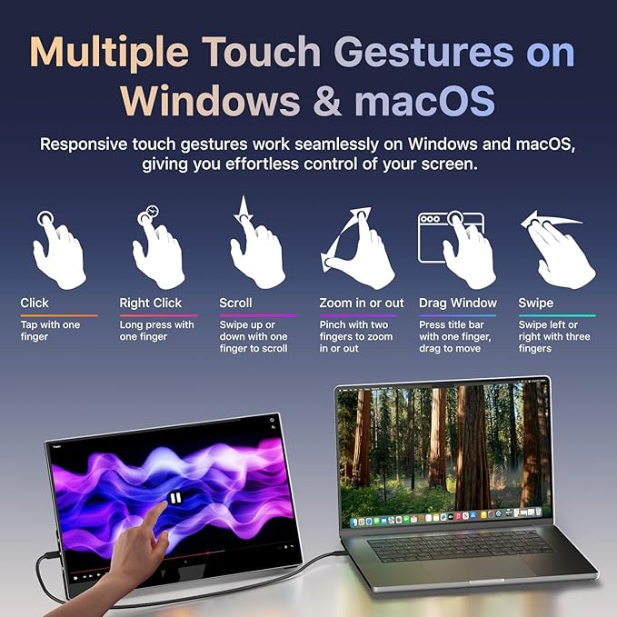 Portable Monitor Touchscreen 15.6 inch 1080P FHD 90% sRGB 60Hz Travel Monitor for Laptop MacBook Surface PC Xbox PS5 HDMI USB-C VESA Compatible Built-in Speaker
