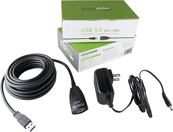 Plugable 5 Meter (16 Foot) USB 3.0 Active Extension Cable with AC Power Adapter Back-Voltage Protection and Driverless Technology