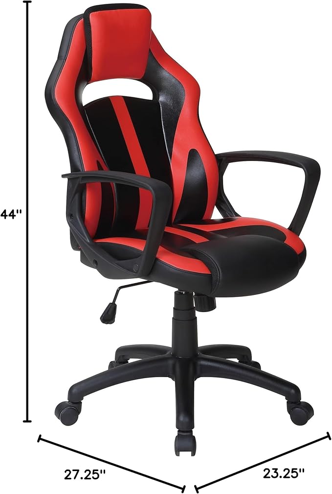 OSP Home Furnishings Influx Adjustable Faux Leather Gaming Chair with Lumbar Support and Full 360 Rotation Red Accents