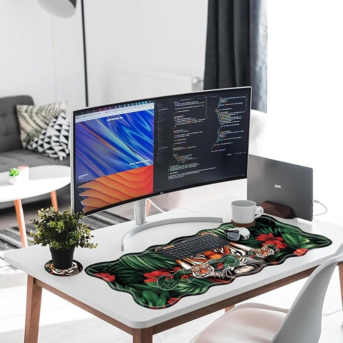 Large Gaming Mouse Pad Keyboard Wrist Rest Pad &amp Wrist Support Mousepad Set Stitched Edge Extended Non-Slip Base Memory Foam Desk Mat for Office HomeTiger Face