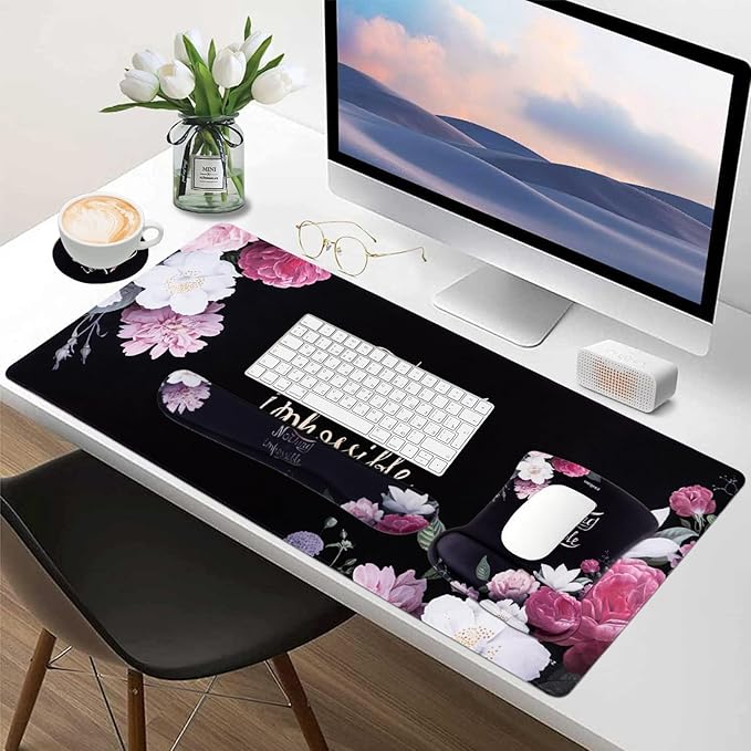 MEGREZ 4-in-1 Ergonomic Memory Foam Wrist Rest Set Desk Pad Mouse Pad with Wrist Rest Keyboard Pad Suitable for Office Workers Programmers &amp Gamers–Relieve Typing &amp Gaming Fatigue Black