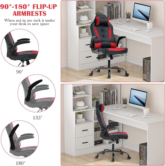 PC Gaming Chair Ergonomic Computer Chair High Back Office Chair with Lumbar Support&amp Headrest Adjustable Task Rolling Swivel Executive Desk Chair Racing Style Leather Gaming ChairRed