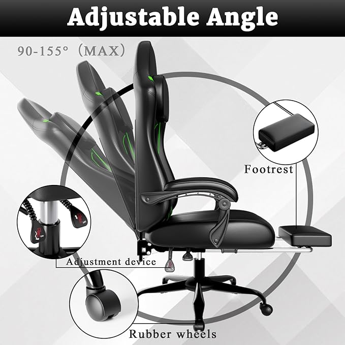 Gaming Chair with Pocket Spring Cushion &amp Footrest - Ergonomic Computer Chair with Adjustable Height Headrest &amp Swivel SeatFaux Leather Green