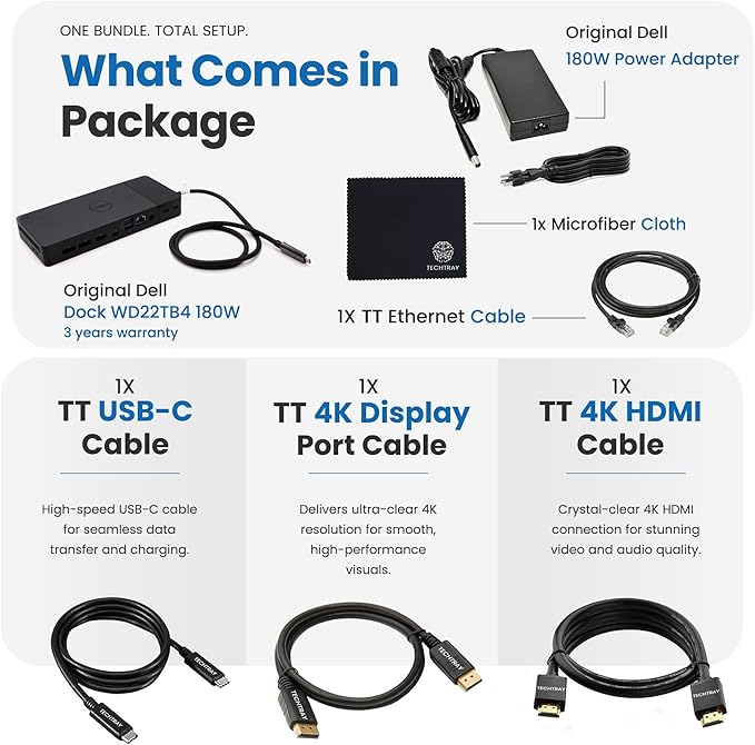 Dell WD22TB4 Thunderbolt 4 Dock 180W - 40Gbps 3-Year Warranty USB-C/USB-A Dell Docking Station with 180W Adapter + Techtray Cables &amp Cloth - Supports Dual/Triple Monitor &amp 4K Displays (New)