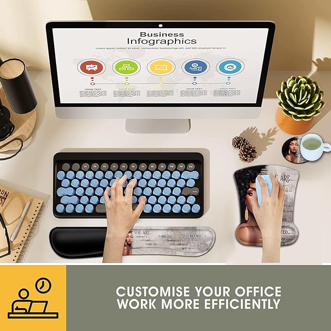Keyboard Wrist Rest and Mouse Pad Wrist Support Set Ergonomic Gel Mouse Pad Wrist Rest with Non-Slip Base for Home Office Desk Pad African American Women Black Girl Black Gaming Mouse Mat