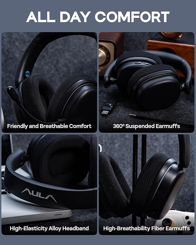 EPOMAKER X Aula G7 Pro Wireless Gaming Headset Dual Mode BT5.3 &amp 2.4GHz 7.1 Surround Sound 80+ Hour Battery RGB Light with Noise Canceling Mic for PS5 PS4 Switch PC (Black)