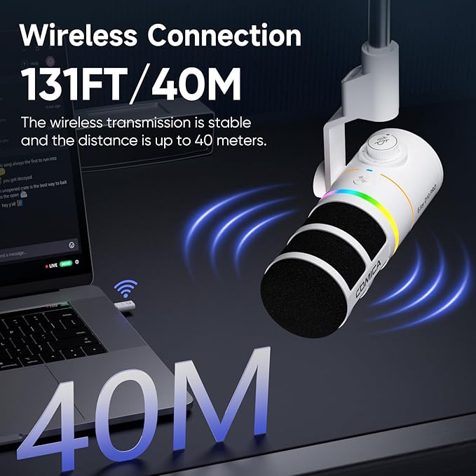 EJoy D10 PRO(D) Wireless USB Gaming Microphone – RGB Dynamic Mic with Wired/Wireless Modes XLR/USB-C Real-Time Monitoring 45H Battery Studio Mic for Gaming Streaming Podcast Recording (White)