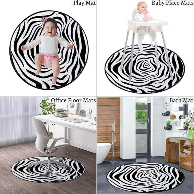 Black White Round Office Chair Mats Home Rolling Gaming Chair Mat Anti-Slip Hardwood Floor Mats Carpeted Floor Protector Mats Animal Skin Pattern Nature Theme Diameter 43.3 in