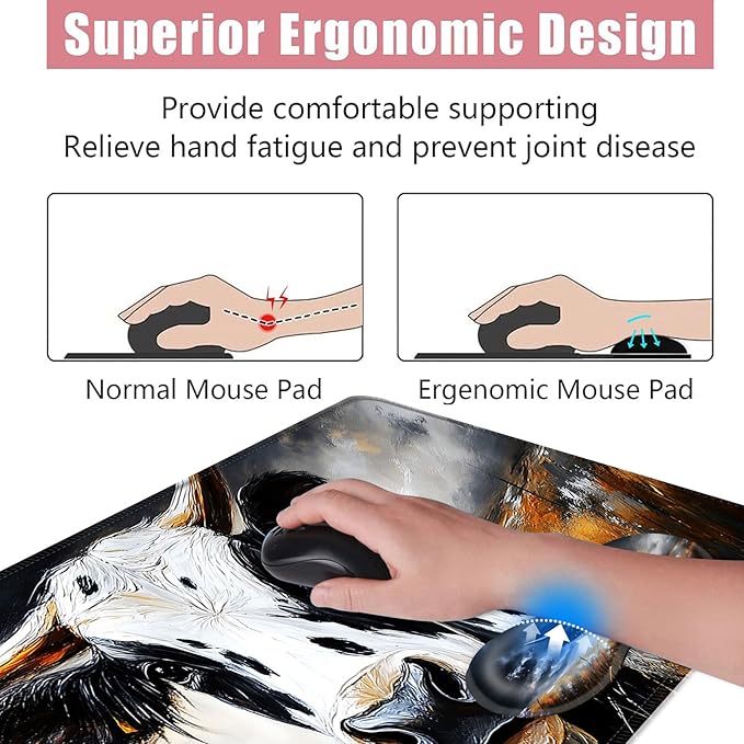 Large Keyboard Mouse Pad Set Extended Mouse Pad+Keyboard Wrist Rest Support Memory Foam Ergonomic Easy Typing 4Pcs (31.5×11.8 in) Desk Pad Set for Office HomeCute Cow