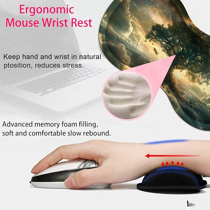 Large Gaming Mouse Pad + Mouse Wrist Rest Pad + Coaster Combination 31.5 x 11.8 Durable Non-Slip Extension Table Mat Suitable for Office and Home Cloud Tree