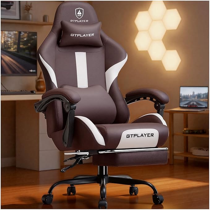 GTPLAYER Gaming Chair with Foot Rest &amp Pocket Spring Cushion Ergonomic High Back Computer Desk Chair with Headrest &amp Lumbar Support for Back Pain Relief Breathable Fabric Brown