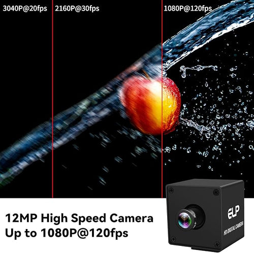 12MP USB Camera 1080P@120fps High Speed Industrial Security 4K USB Webcam with 16mm Narrow Field of View M12 Lens Low Light PC Golf Swing Cam Plug and Play for Linux Windows Mac OS
