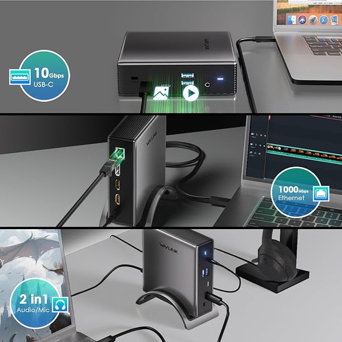 USB C Docking Station PD3.1 Docking Station 3 Monitors with 2* DP + HDMISingle 4K@144Hz140W Charger USB-C 10Gbps 2* USB-A 5Gbps Gigabit Ethernet Audio/Mic for WindowsDellHPLenovo